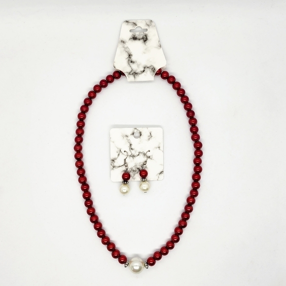 Red & White Faux Pearl Necklace & Earring Set - Picture 2 of 2